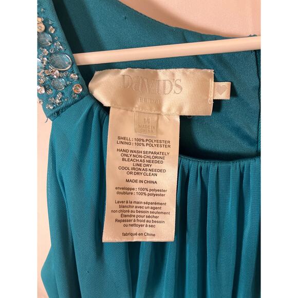 David’s Bridal Turquoise Bridesmaid Dress Size 14 Rhinestone Strap Gown - Picture 2 of 5